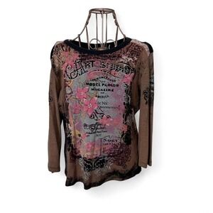Vanilla Sugar - Y2K Long Sleeve Graphic Tee - Women's Large Brown Pink Floral